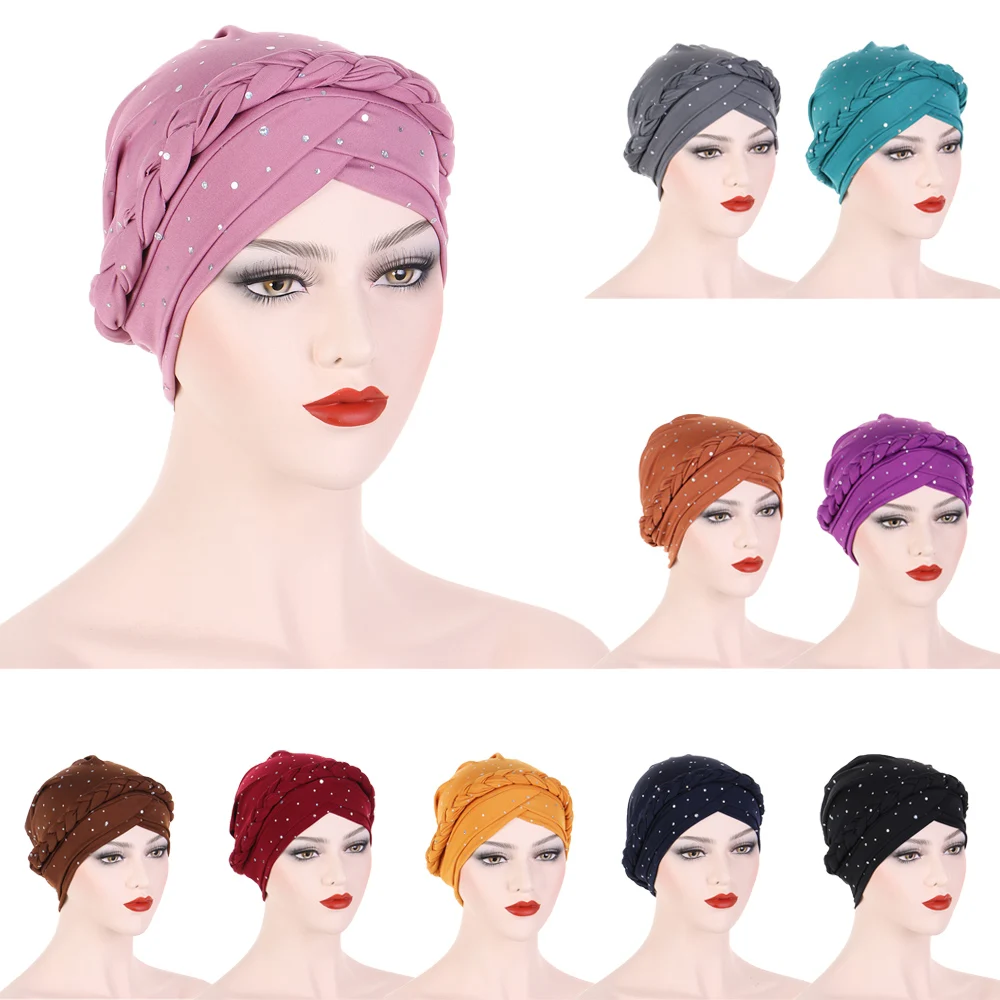 Lantejoula Braid Índia Mulheres Muçulmanas Hijab Chemo Cap Cancer Turbante Bonnet Hair Loss Inner Chapéu Cabeça Envoltório Islã Gorros Lenço Femme