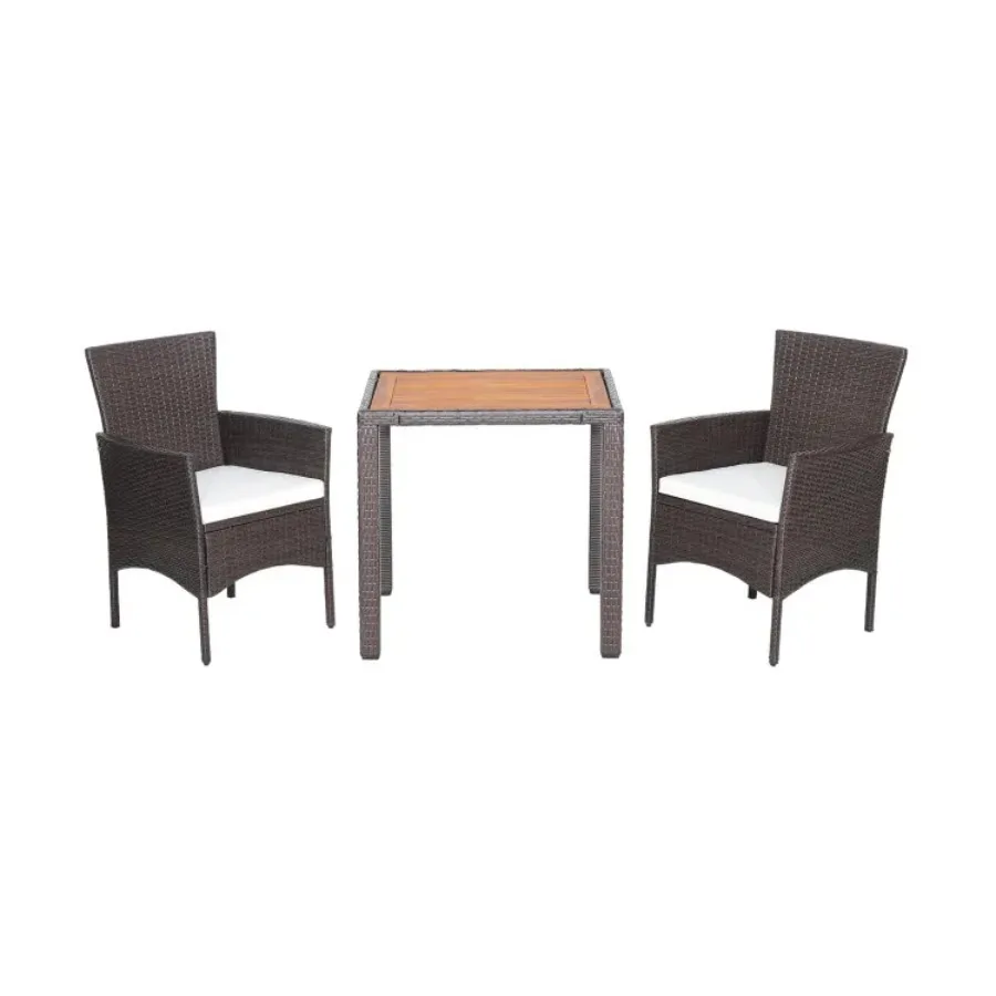 

3 Pieces Patio Wicker Furniture Set wih Acacia Wood Table Top and Chair Cushiones