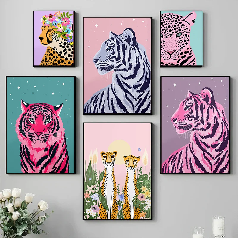 Leopard Cheetah Trendy Orange pink red black white Green Poster Print Wall Art Pictures Canvas Painting Room Home Decor Gift