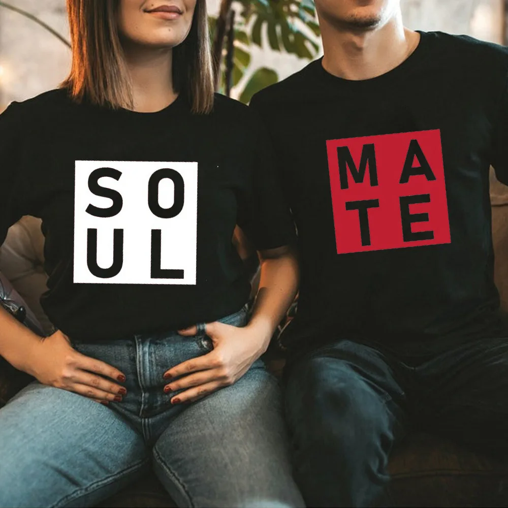 

Soul Mate Letter Print LoversT Shirt Couple Short Sleeve O Neck Loose Tshirt Summer Women Man Tee Shirt Tops Camisetas Mujer