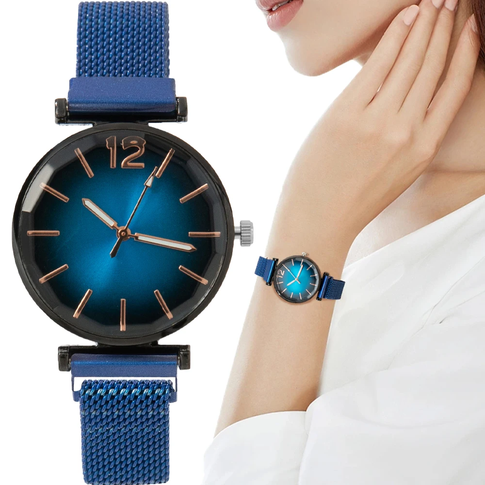 Fashion Women's Watch Metal Mesh Steel Strap Jewel Blue Watch for Women Quartz Watch Women's Clock