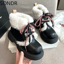 Womens Ankle Boots Faux Fur Warm Winter Snow Chunky High Heel Lolita Sweet Lace Up Shoes Girls New 2024