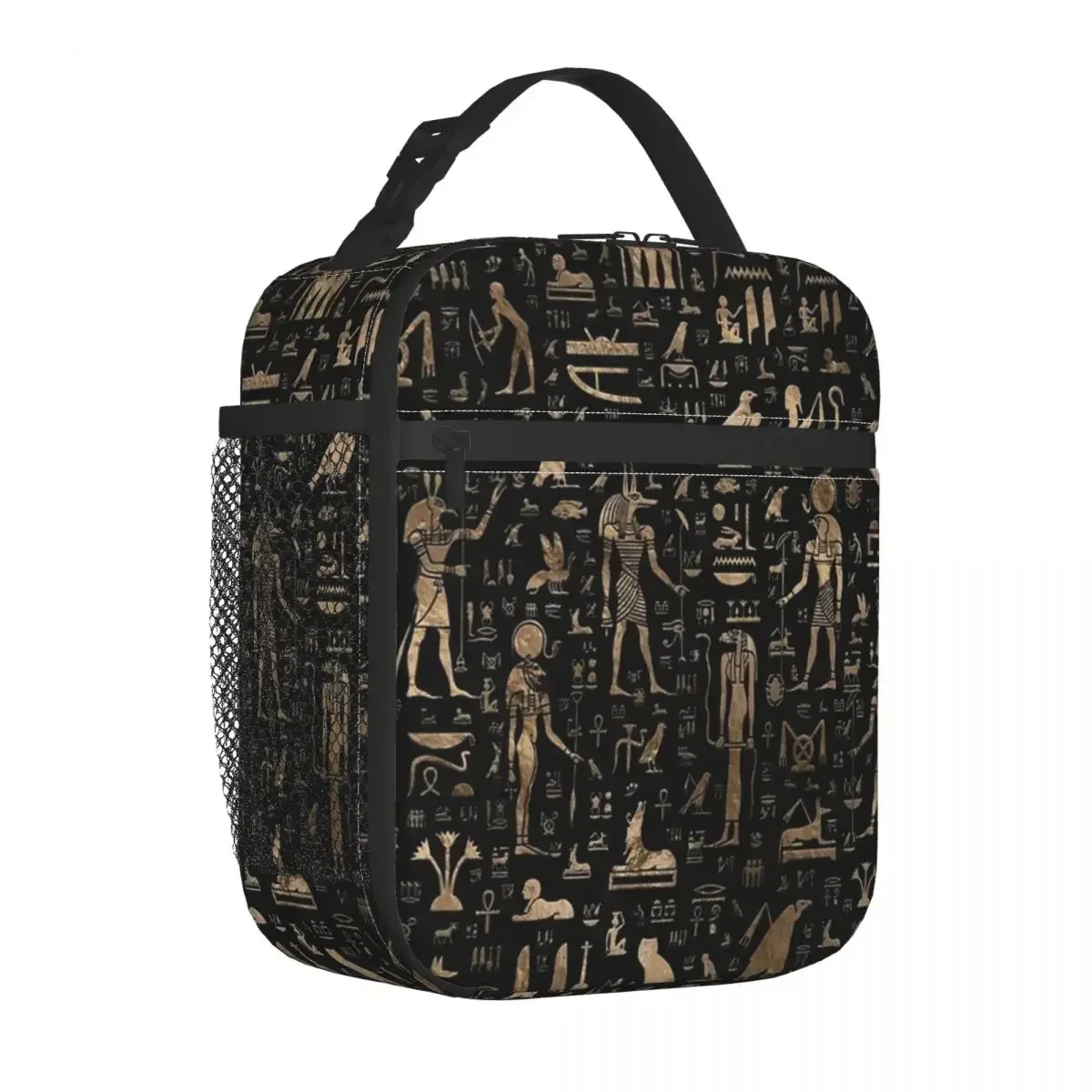 Ancient Egyptian Gods Hieroglyphs Black Thermal Insulated Lunch Bag Eastern Language Portable Bento Box Cooler Thermal Food Box