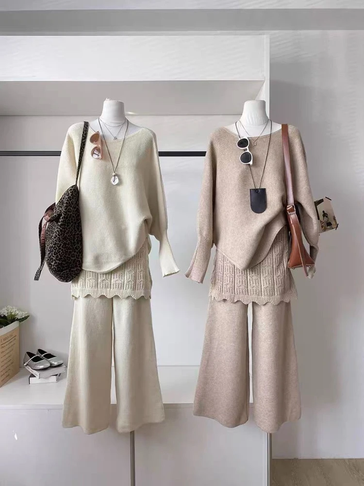 

Korean version simple temperament versatile irregular knitted sweater+fake two piece chic casual pants autumn winter new set