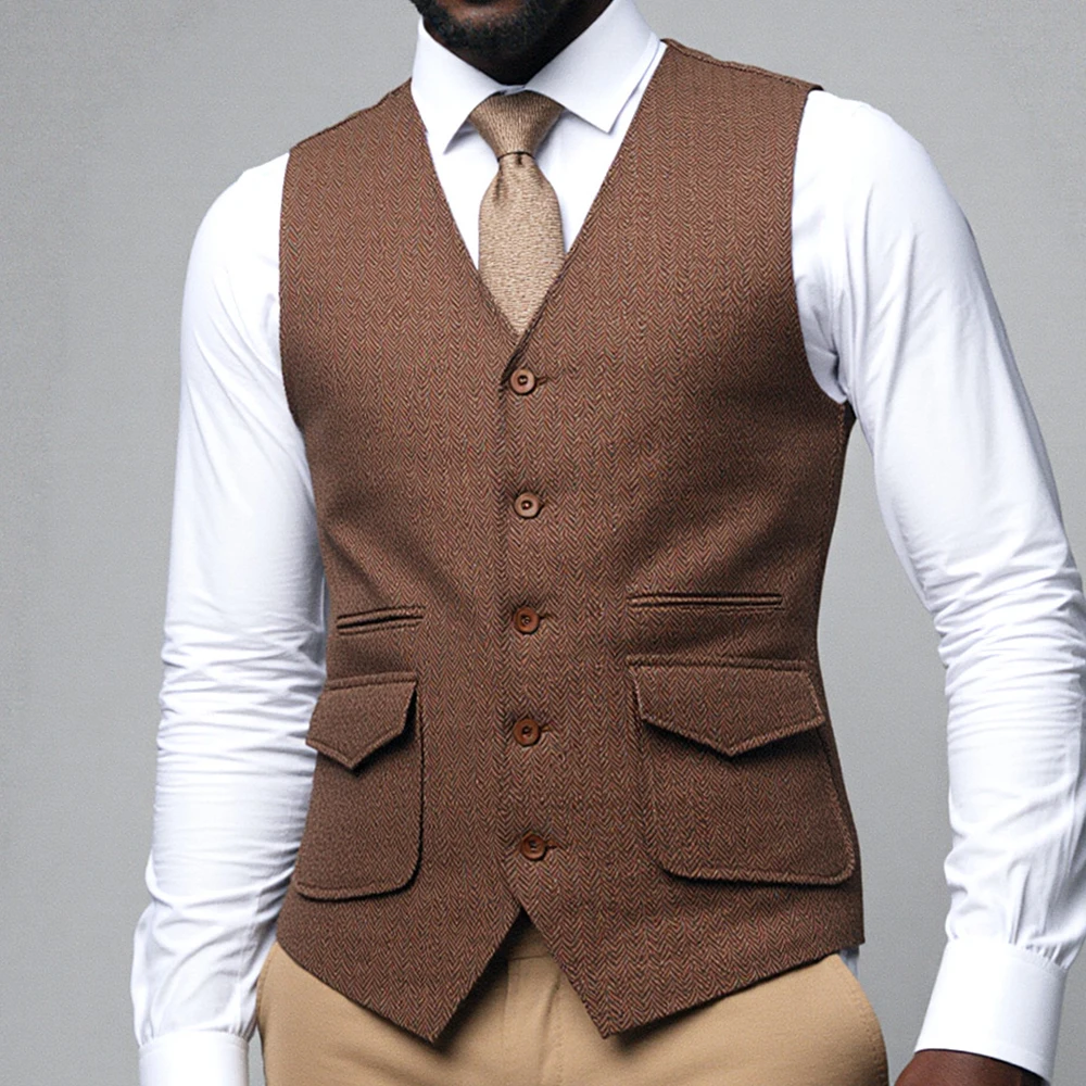 

Мужской деловой жилет с V-образным вырезом, новинка, с 4 карманами, из твида «ёлочка», приталенный, однобортный