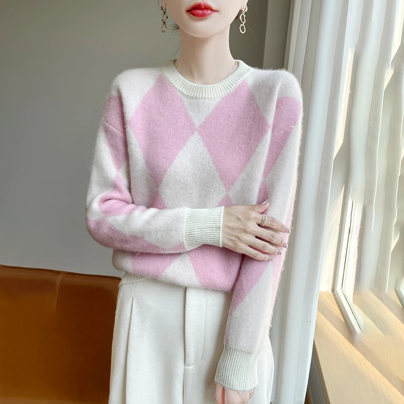 Женский вязаный свитер из 100% чистой шерсти с цветными блоками и бриллиантами, свитер с цветными блоками, свитер с круглым вырезом, осень-зима, новая базовая рубашка