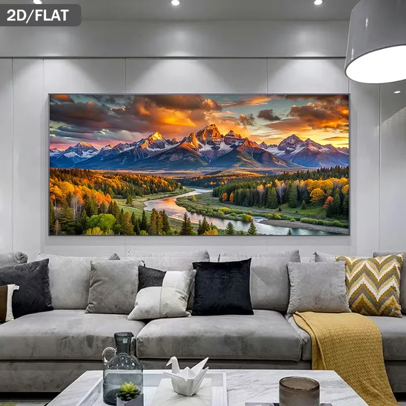 2D Flat, Modern Frameless Canvas - Wide Suitable for &, Mountain River, Panel Suitable for Modern Minimalist Decor, Decoration D