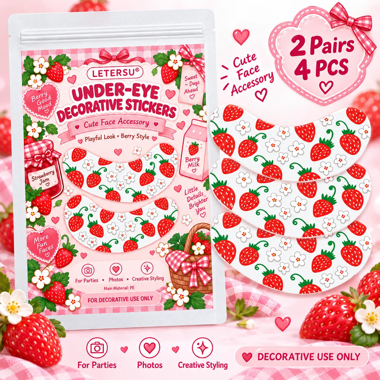 4PCS Strawberry Under Eye Stickers, Cute Kawaii Eye Patches, Sweet Fruit Print Face Makeup Decorations for Girls Party Photos