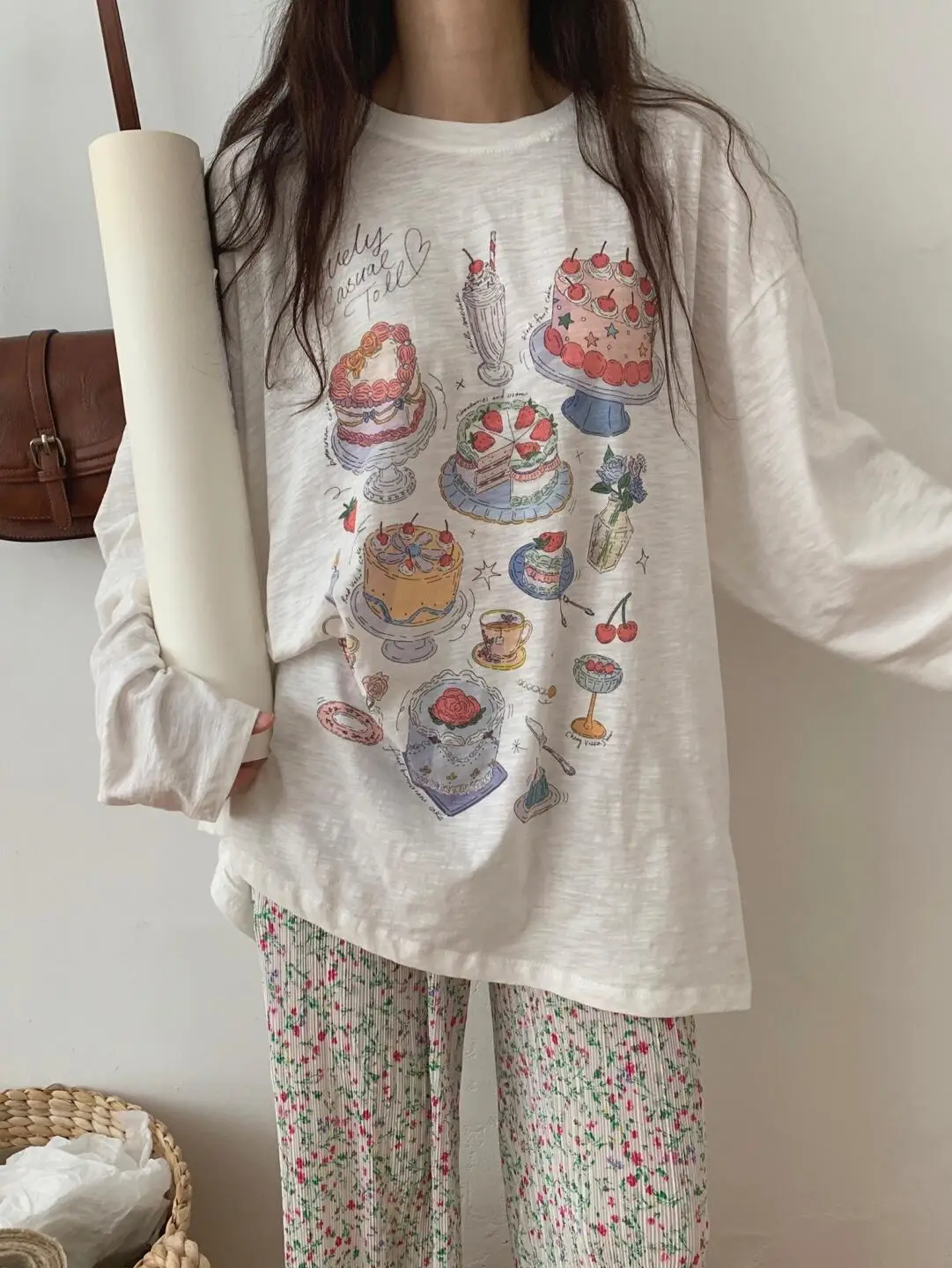 Anti-Aging Cake Print Casual Loose Bamboo Rayon Cotton Sun Protection See-Tough Long Sve T-irt Women's Faion Top