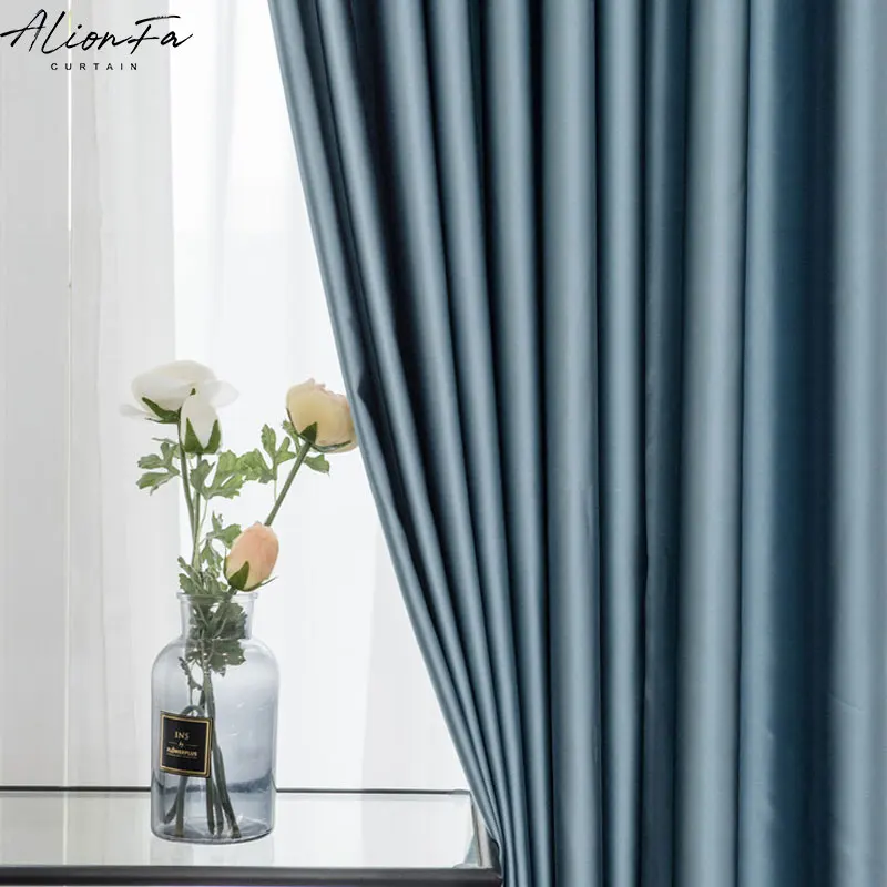 Modern Monochromatic Blackout Curtains for Living Room, Luxury Thick Cloth Curtain Shading for Bedroom Silk Fabric Drapes Blinds