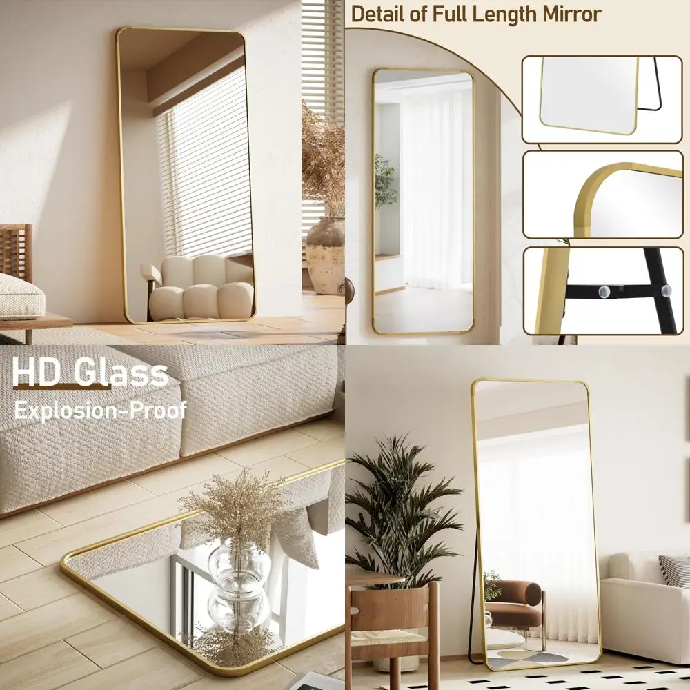 Gouden vloerspiegel over de volledige lengte van 71x26 inch met afgeronde hoeken voor staand of leunend, ideaal voor gebruik in de slaapkamer