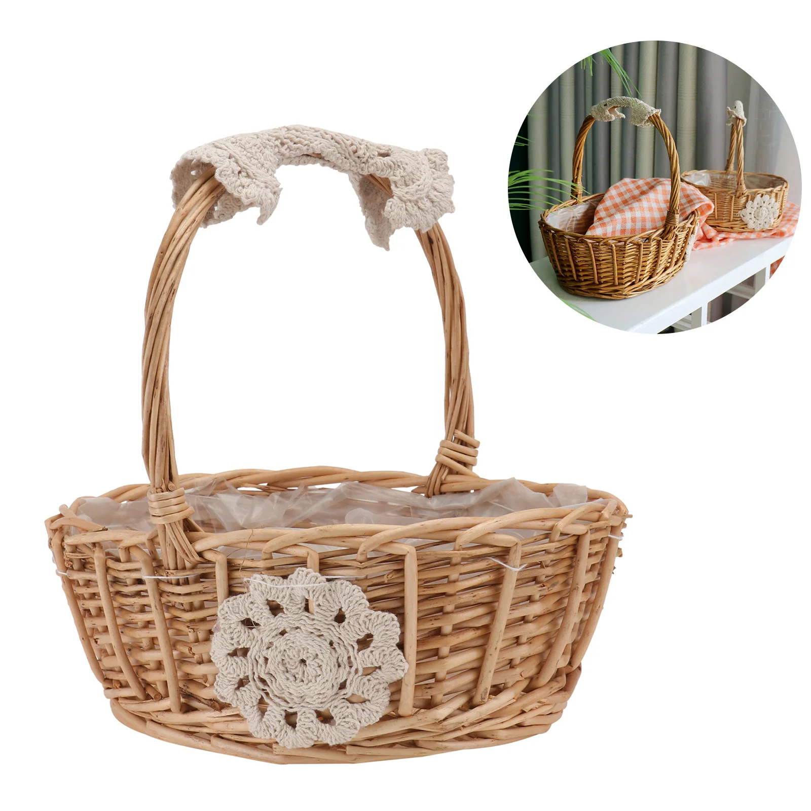 

Rattan Flower Basket Hand held Woven Decorative Photo Prop Portable Wedding Floral Green Storage Basket Elegant Natural Living