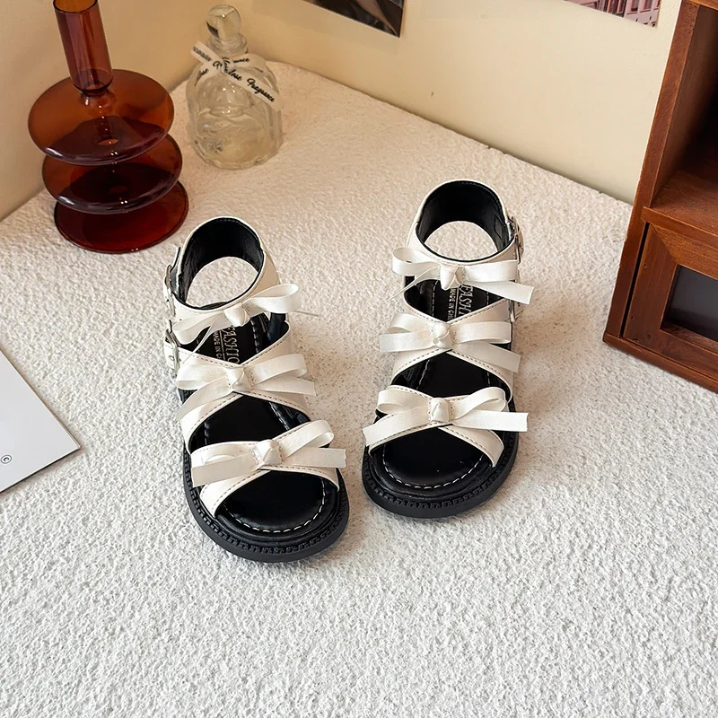 

Kids Causal Beach Sandals Summer New Bowknot Girls Woven Shoes Fashion Gladiator Hollow-out Children's Open-toe Roman Sandals