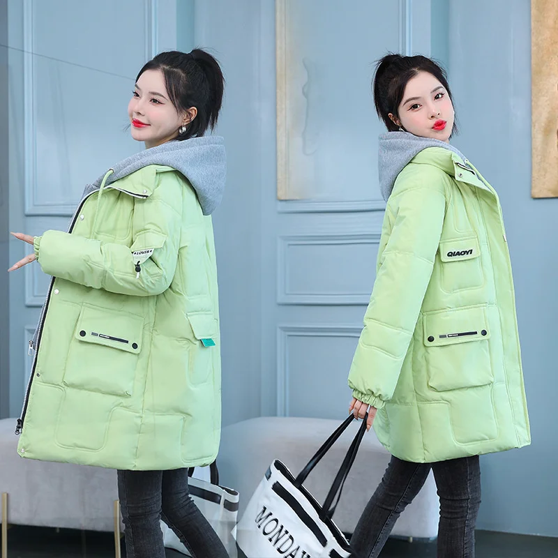 Inverno novo com capuz longo estudante cor sólida algodão-acolchoado quente solto jaqueta feminina parkas moda outwear