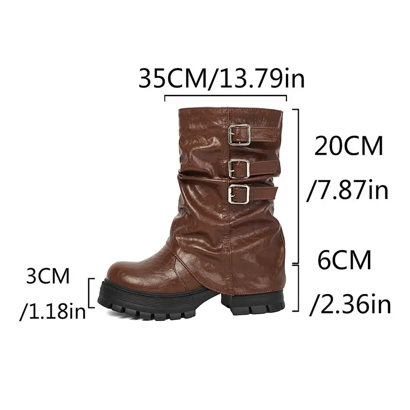 SIMLOVEYO Brown Women Mid Calf Boots Round Toe 6cm Block Heel 3cm Platform Belt Buckles Pleated Plus Size 41 42 43 Retro Botas
