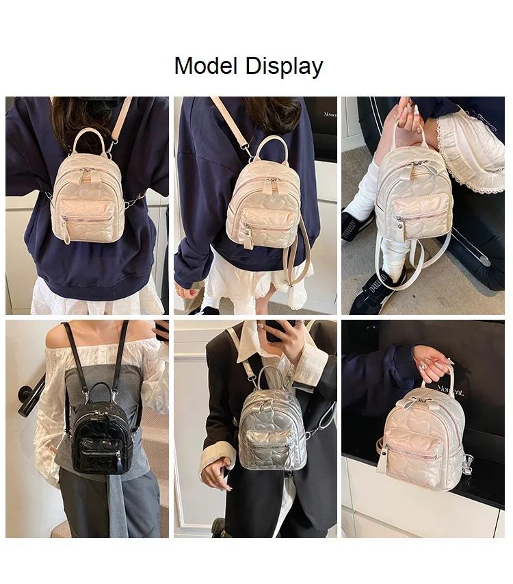 Neuer, modischer silberner Rucksack für Damen, vielseitig einsetzbar, mit Herzmuster, ideal als Schultasche für Schülerinnen, trendiger Reise- und Einkaufsrucksack für Mädchen. – Detail 1