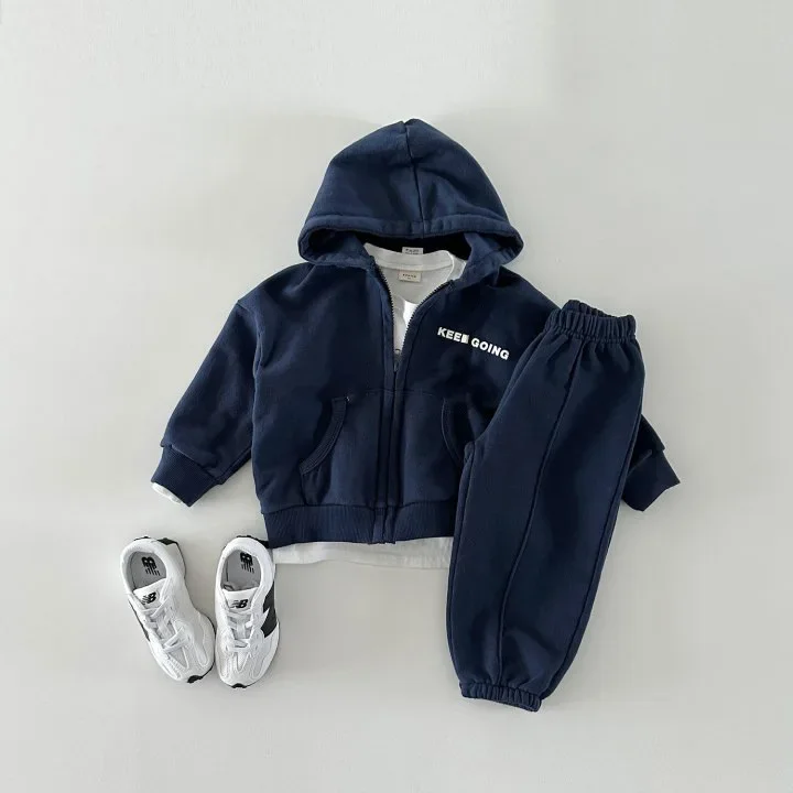 Autumn New 2023 Boys and Girls\' Set Letter Zipper Hooded Long Sleeve Sweater Pants Two Piece Set