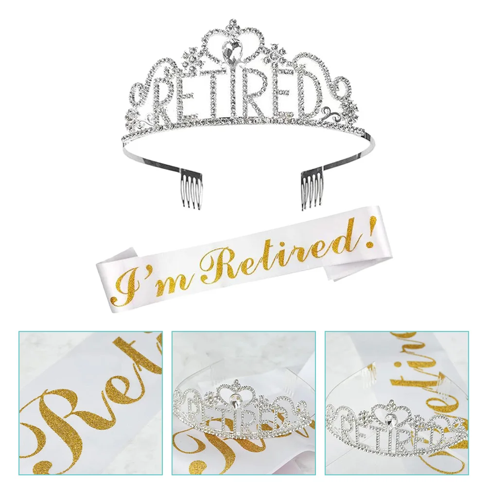 

1Set Women Crown and Sash Retired Celebration Headband Rhinestone Decoration Charming Retired Party Costume