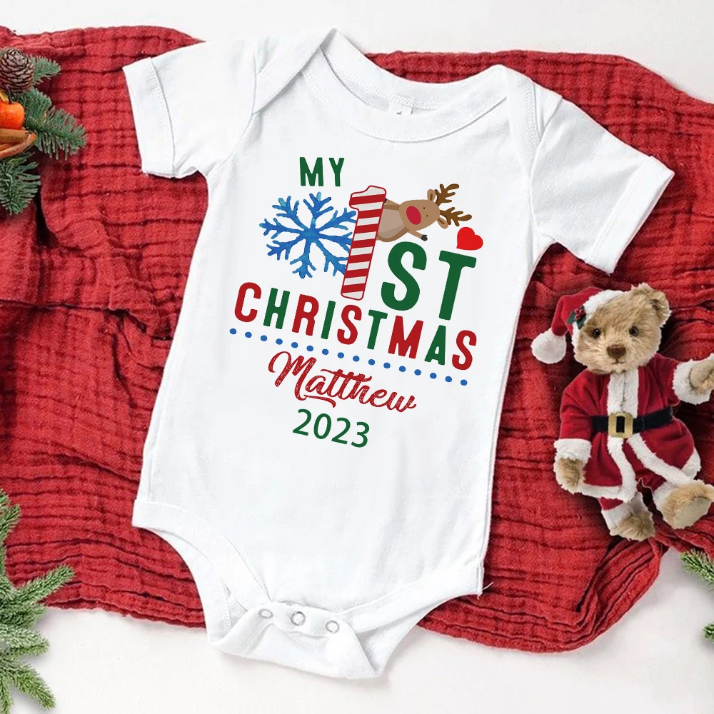 

Custom Name Baby Christmas Bodysuits Newborn Clothes Personalised Boys Girls Short Sleeve Jumpsuit Xmas Party Infant Outfits