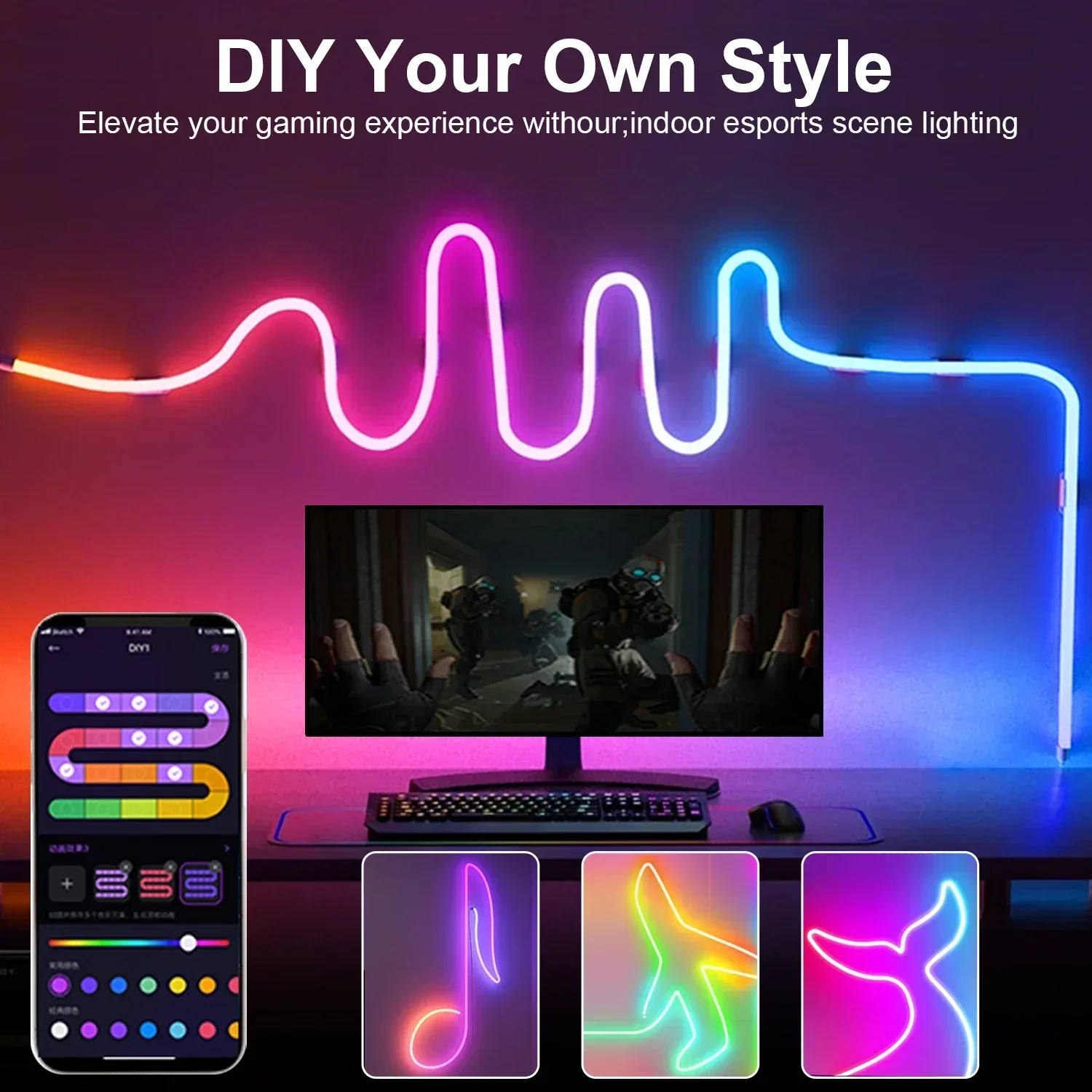 Neon LED Strip Lights 1/2/3M Silicone Neon Rope Light Music Sync DIY APP RGB Multicolor Chasing Strip Tape for Room Wall Decor