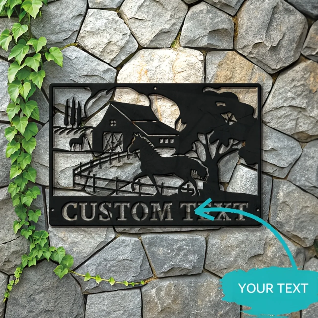 Personalisiertes Pferde-Ranch-Metallschild – unverwechselbares personalisiertes Design (anpassbarer Text), rustikaler Bauernhaus-Charm.