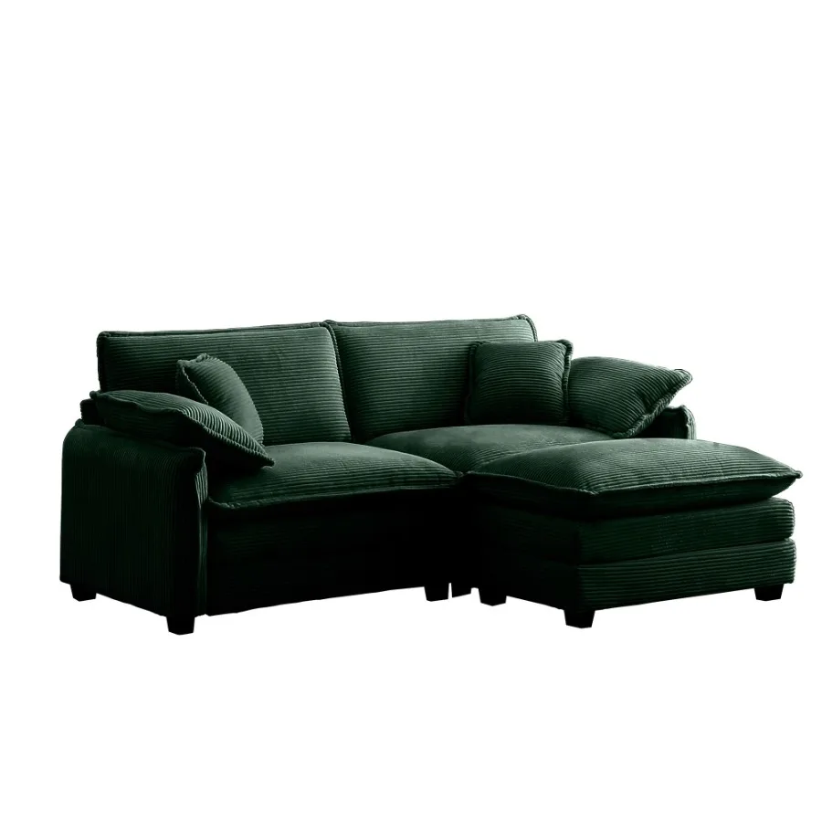 Zweisitzer-Sofa mit einer Fußstütze, L-förmiges 2-Sitzer-Sofa mit Ottomane für kleine Wohnräume, grüner Cord