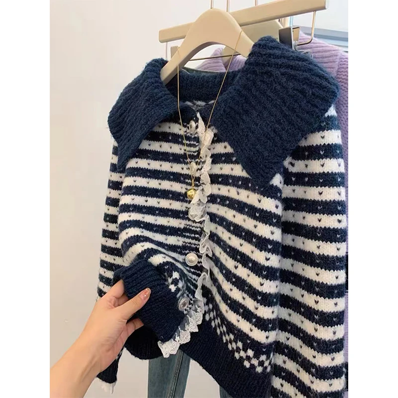 

Korean Striped Knitted Cardigan Women Vintage Harajuku Cropped Sweater Outerwears Lace Patchwork Knitwears Winter Jumpers