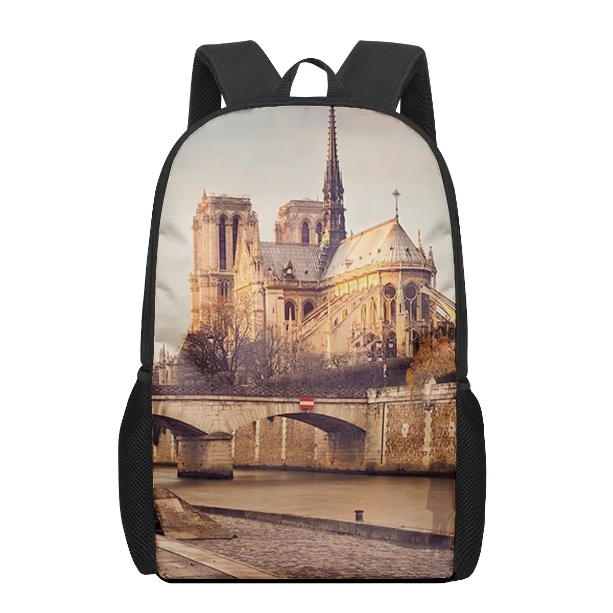 Mochila escolar para meninos e meninas, estampa de cenário Notre Dame De Paris, bolsa de livros infantil para adolescentes, mochila de laptop