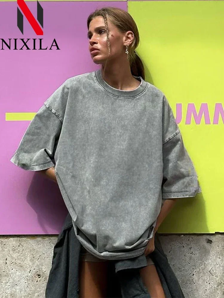 Frühling Sommer Kurzarm-Tops Damen Oversize T-Shirt Vintage Distressed T-Shirt für Frauen Lässige Lockere O-Ausschnitt Kleidung Oberteile