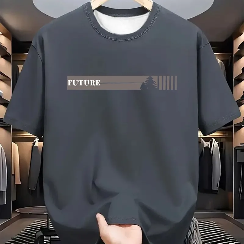 تي شيرت كاجوال بأكمام قصيرة ورقبة دائرية مطبوعة بنمط حروف المستقبل، فضفاض، مريح، مسامي، سريع الجفاف