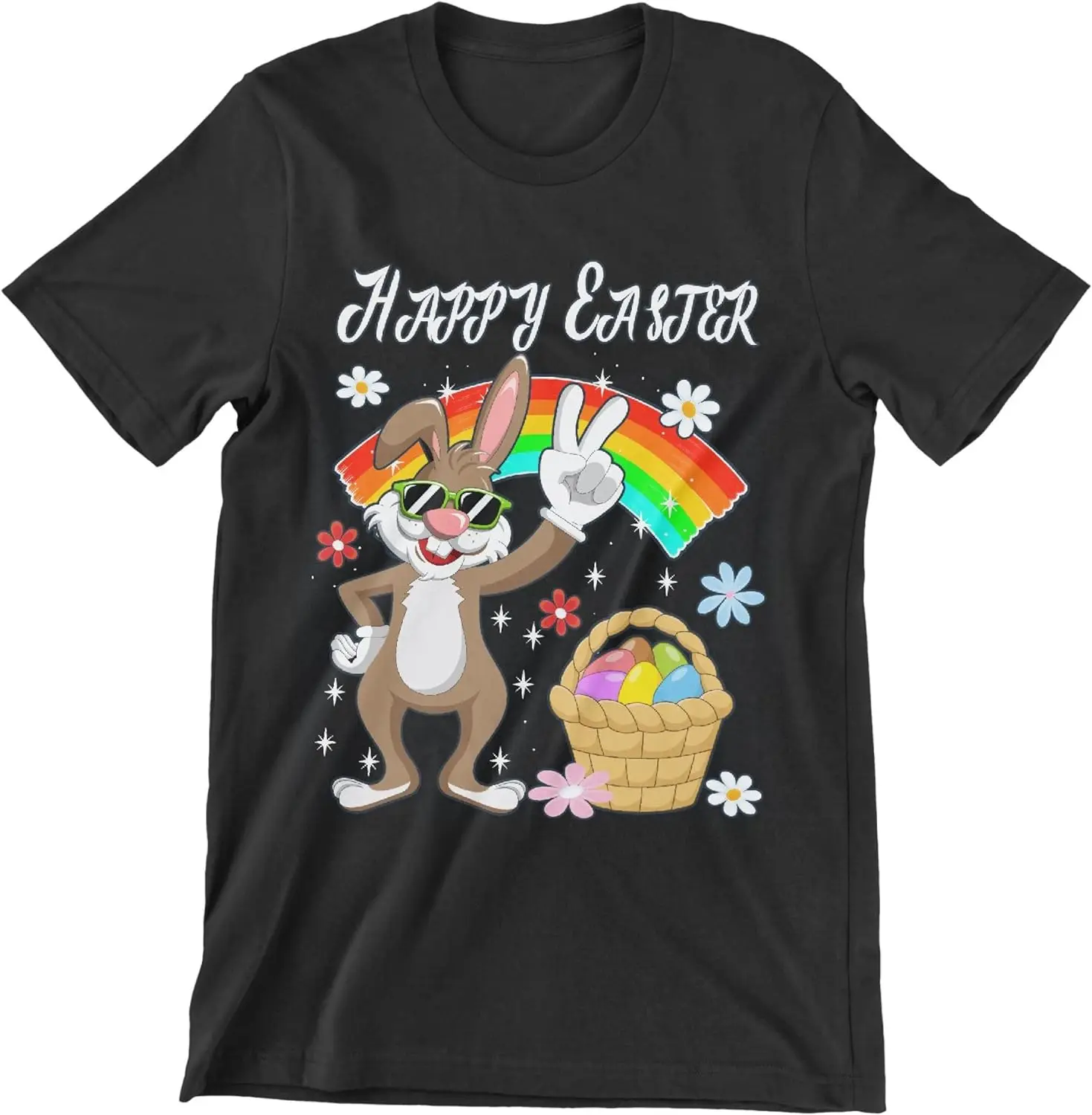 Touchish Dabbing Rabbit Easter Day Eggs T-Shirt Short Sleeve Gifts Classic Funny Animal Tee-100% Cotton XXS for Kids Black