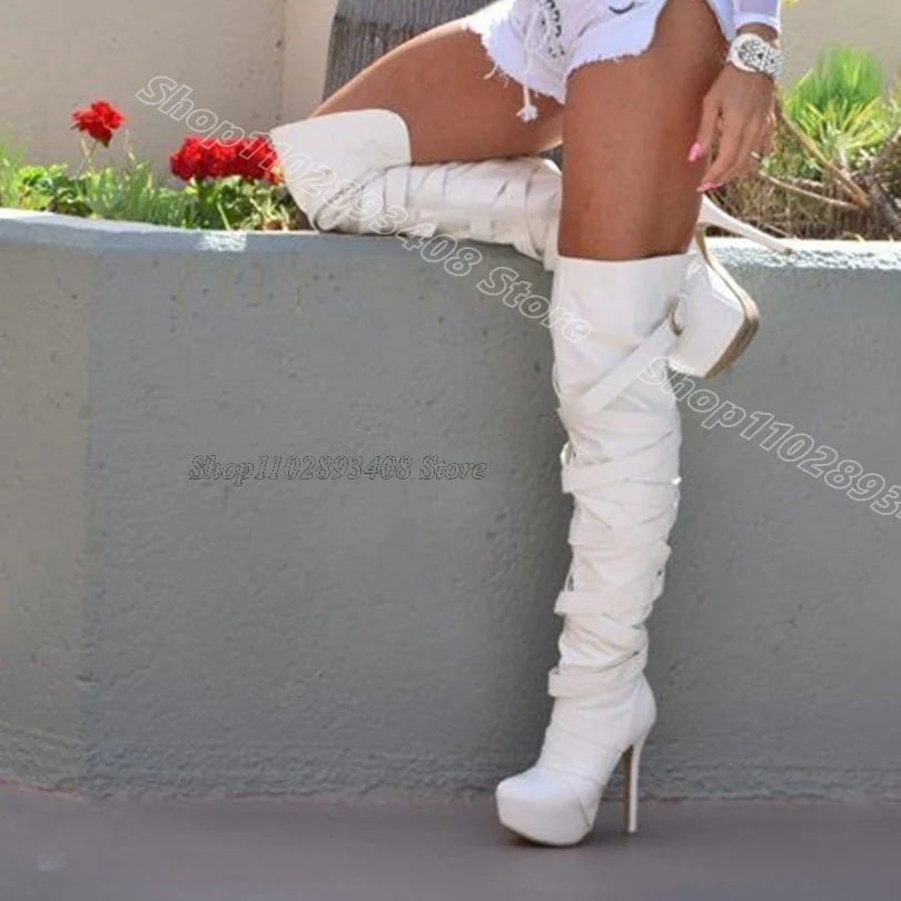 

White Platform Buckle Decor Boots Pointed Toe British Style Spring for Women Party Dress Over Knee Boots Zapatos Para Mujere