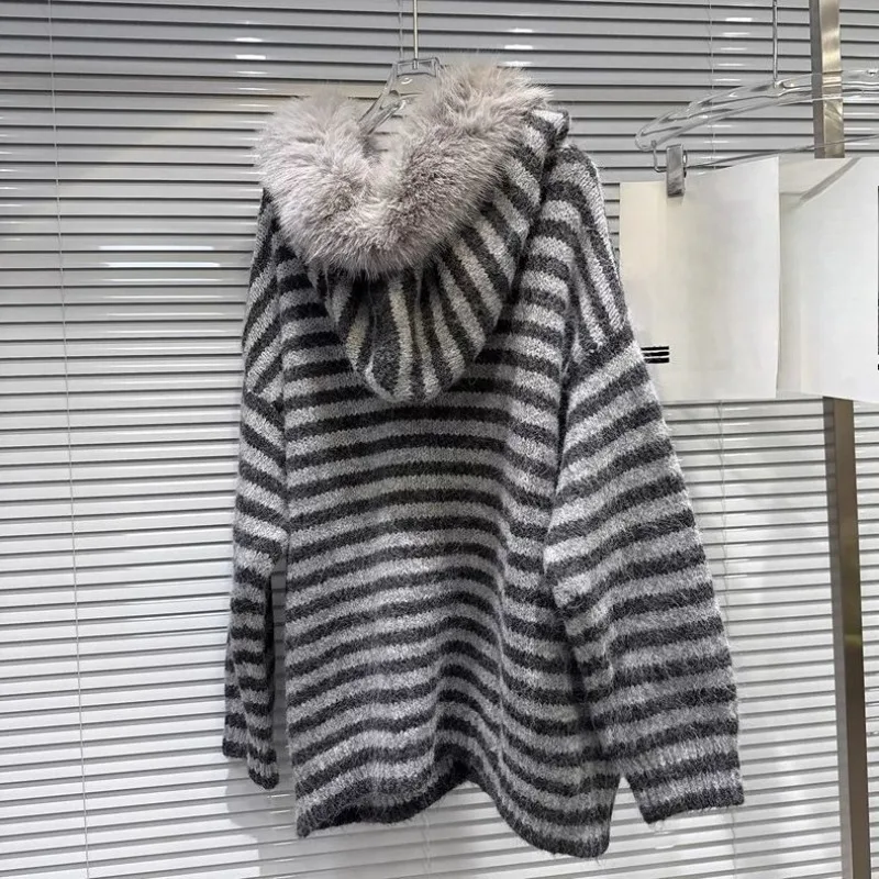 الأمريكية الرجعية معطف محبوك طويلة الأكمام فو الفراء س الرقبة المرأة عادية مخطط طباعة ثقافة فرعية معطف زر الرجعية النساء الملابس #3