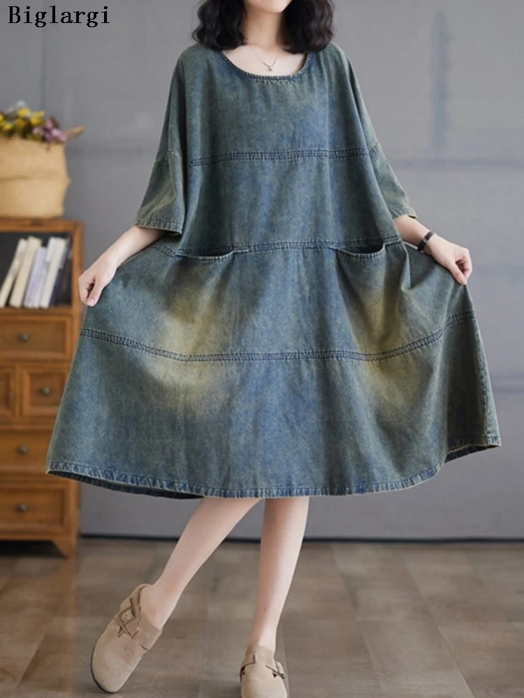 

Oversized Denim Summer A-Line Midi Dress Women Ruffle Pleated Loose Fashion Ladies Dresses Short Sleeve Casual Woman Dress