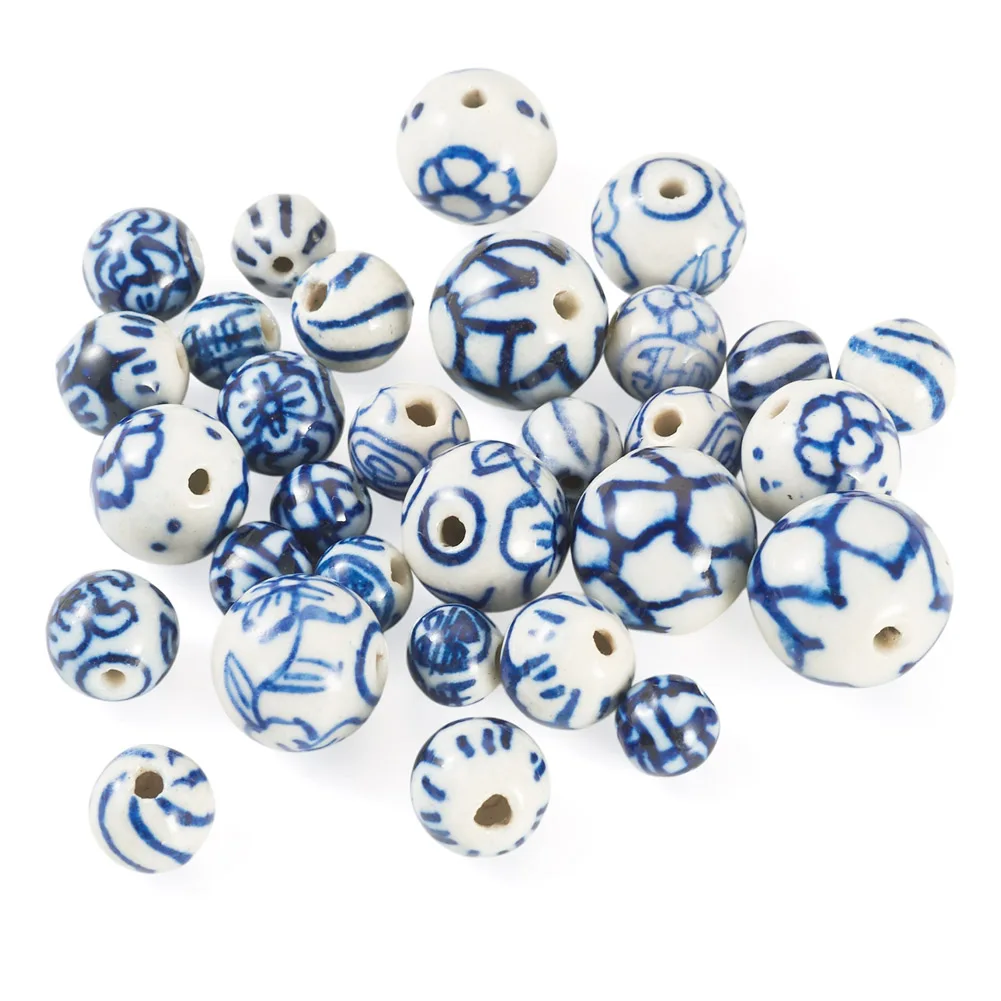 30pcs Mixed Patterns Round Handmade Porcelain Beads Blue and White Porcelain Ceramics Beads Spacer Beads for DIY Jewelry Making