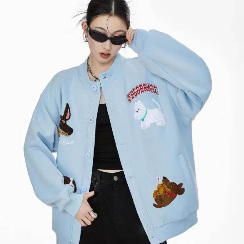

Blue Spring New Cute Embroidered Button Cardigan Round Neck Sweatshirts Y2k American Retro Oversized Couple Tops Versatile Coat
