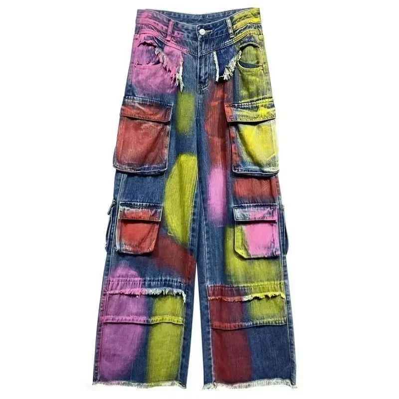 Stage Cool Painted Multi Pocket Jeans Women Clothes New High Waisted Loose Slim Versatile Straight Leg Wide Pants Streetwear