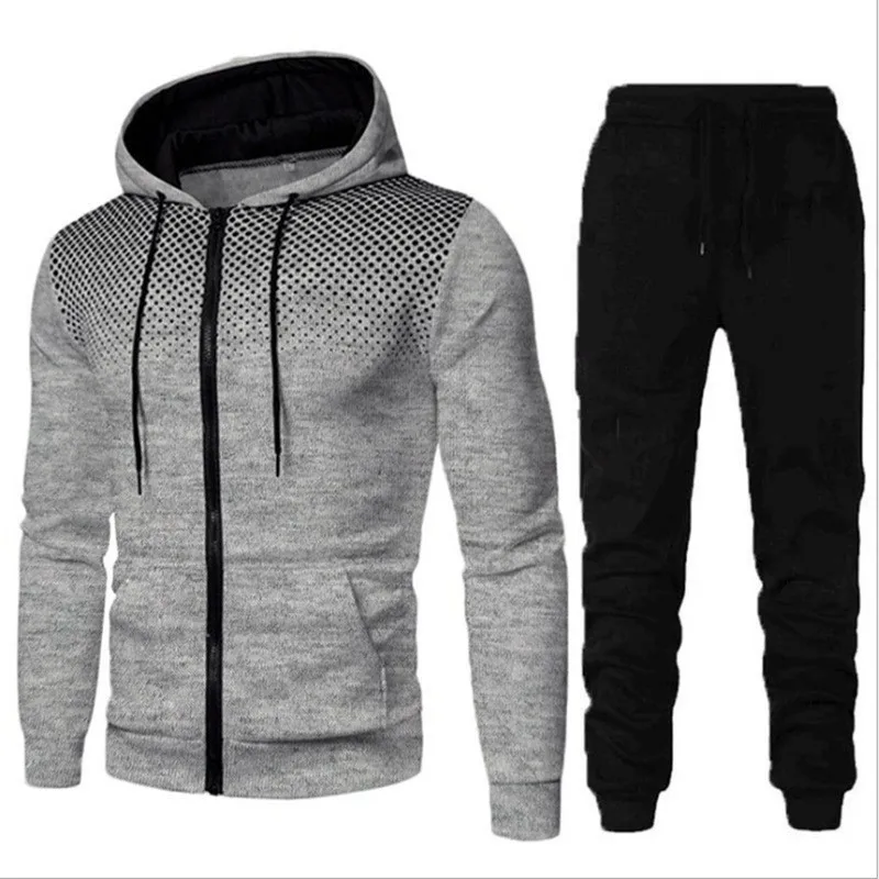 Dot Print Men's Hoodie Set, Autumn Fleece Lined Men Tracksuit, Outdoor Sports Causal Sweatshirt & Joggers Two Piece Set For Man