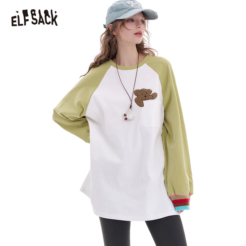 ELFSACK 2025 Spring New Arrivals Contrast color raglan long sleeve t-shirt women's loose casual base layer top