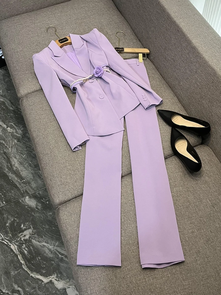 

Fashionable Business Commute Pearl Flower Waist Chain Suit Jacket Wide Leg Pants Set Elegant Professional Women's Ensemble