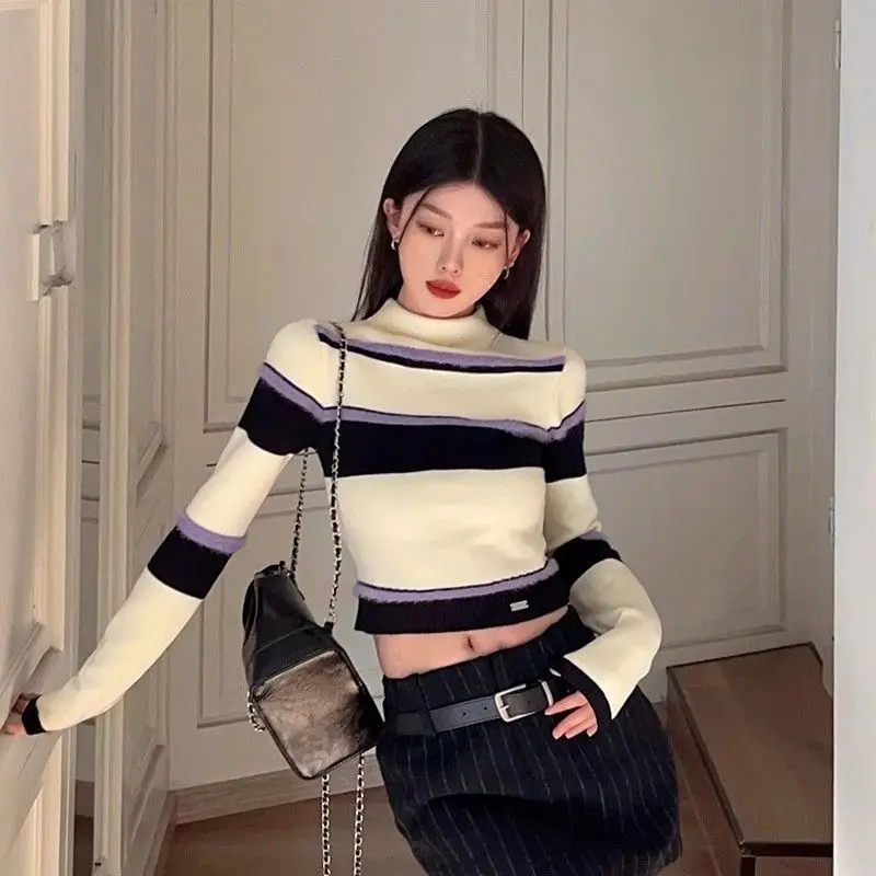 Kimutomo Hong Kong Style Retro Striped Contrast Color Turtleneck Knit Top Slimming Cropped Long Sleeve Sweater Crop Top Women