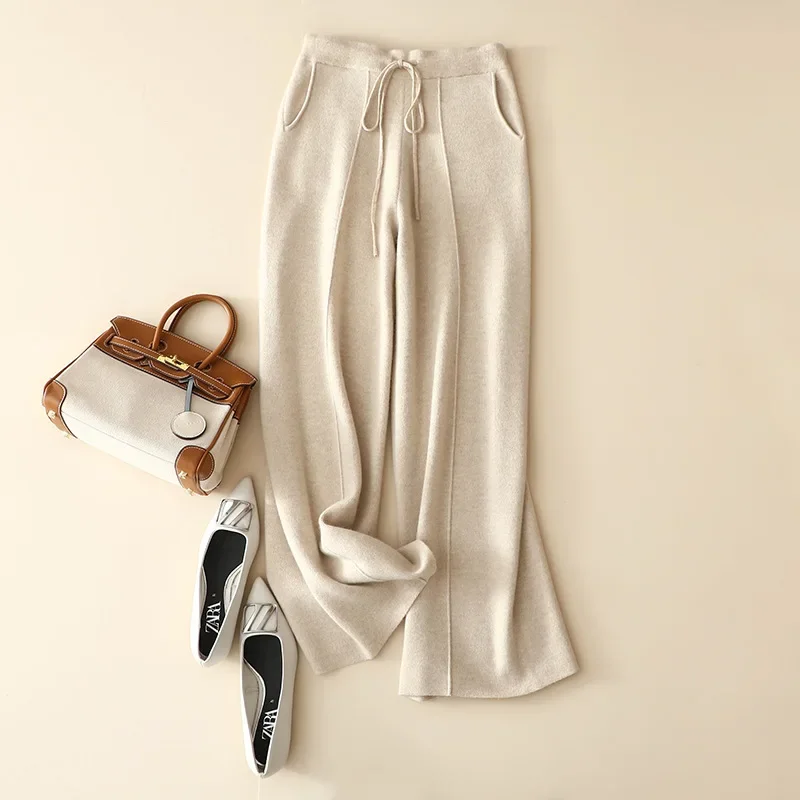 luxury winter fashion cashmere wool trousers women's casual knit pants with pocket