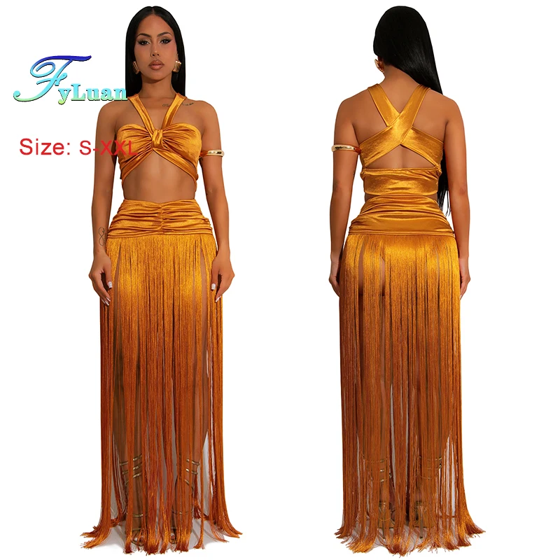 Fashion Women Clothes Sexy Top Tassels Long Dress Two-Piece Set Solid Color Suspender Skirt Sets Cocktail Prom Nightclub Clothes