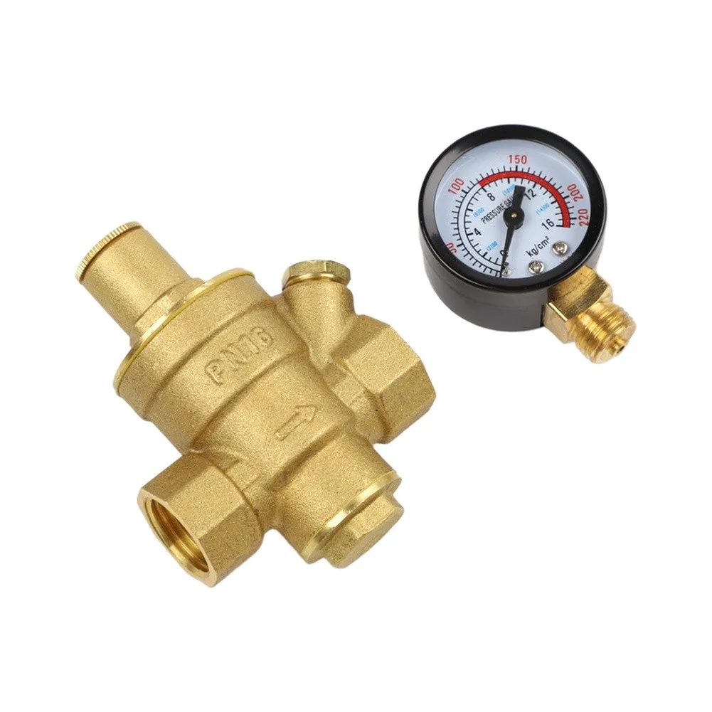 Adjustable Brass Pressure Reducing Valve with Pressure Gauge for Plumbing and Irrigation with 1/2 Inch DN15 Connections