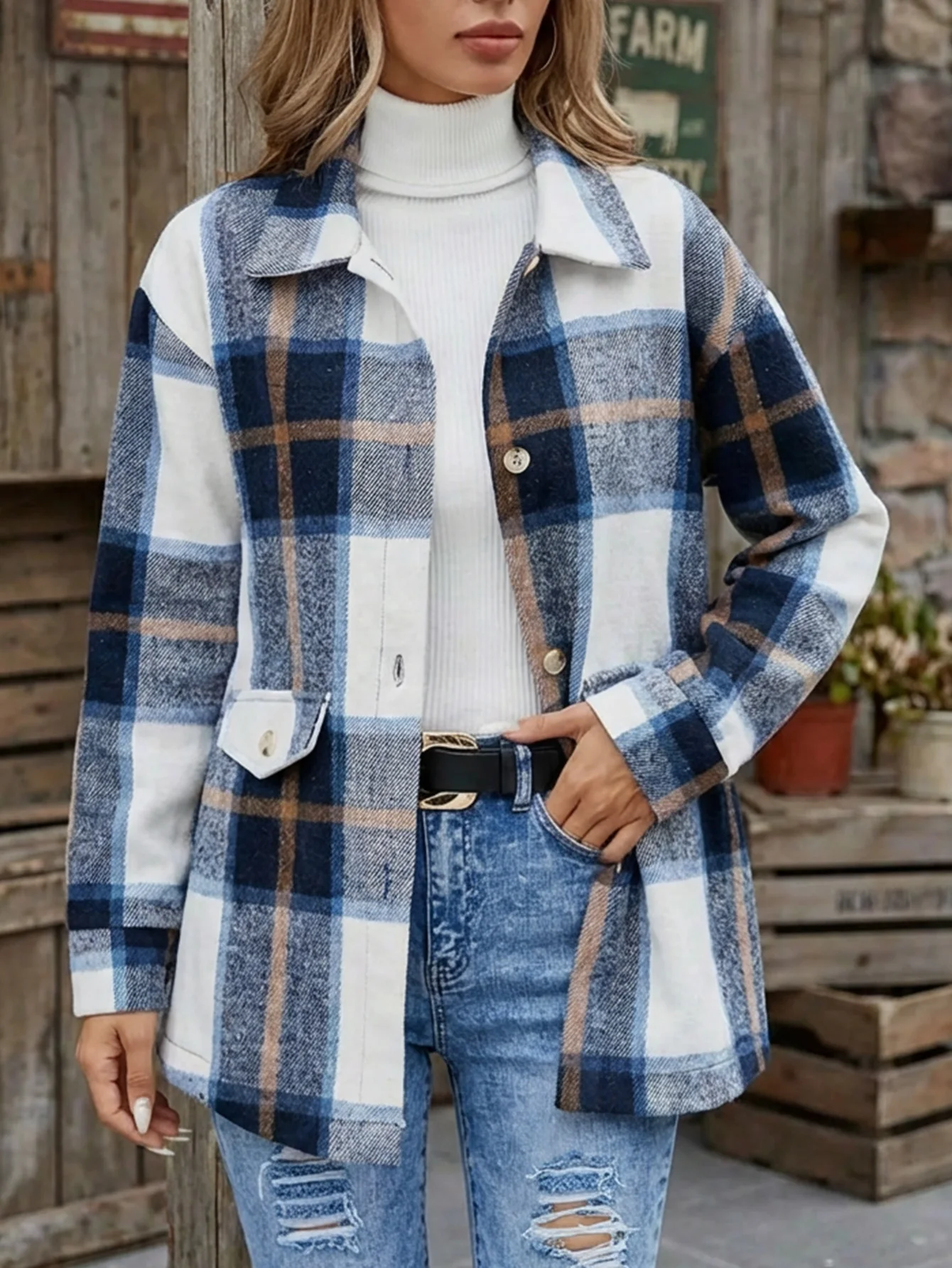 

Женская утепленная куртка оверсайз в клетку из шерстяной смеси с пуговицами, осень-зима