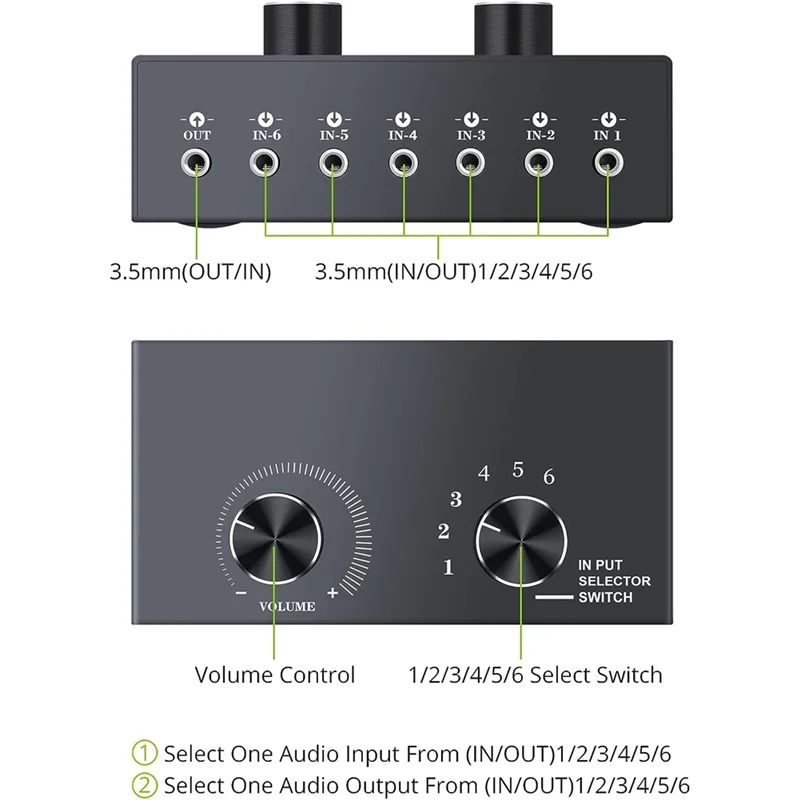 6 Ports 3.5mm Audio Switch Bidirectional 3.5mm Audio Switcher Support 1 in 6 Out or 6 in 1 Out,for PC Phone Headphone