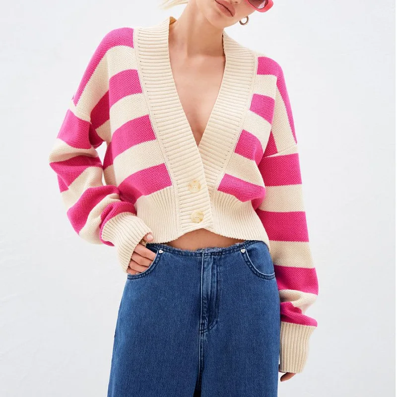 

Women's Cotton Knit Sweater Autumn and Winter Women's Fashion Y2K Contrasting Striped Design Loose Cardigan Casual Knit Jacket