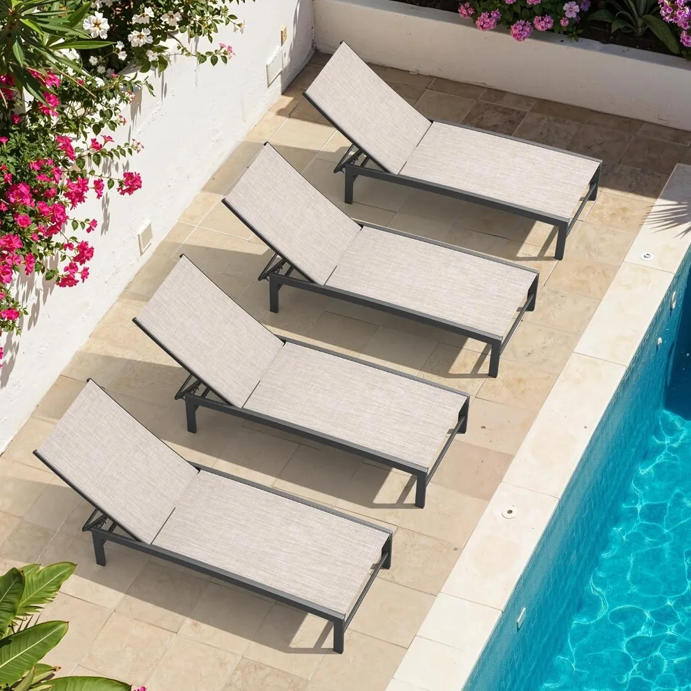 Chaise Lounge Chair Outdoor Set of 4, Adjustable 5 Positions Pool Lounge Chairs, Metal Tanning Recliner, Outdoor, Customized