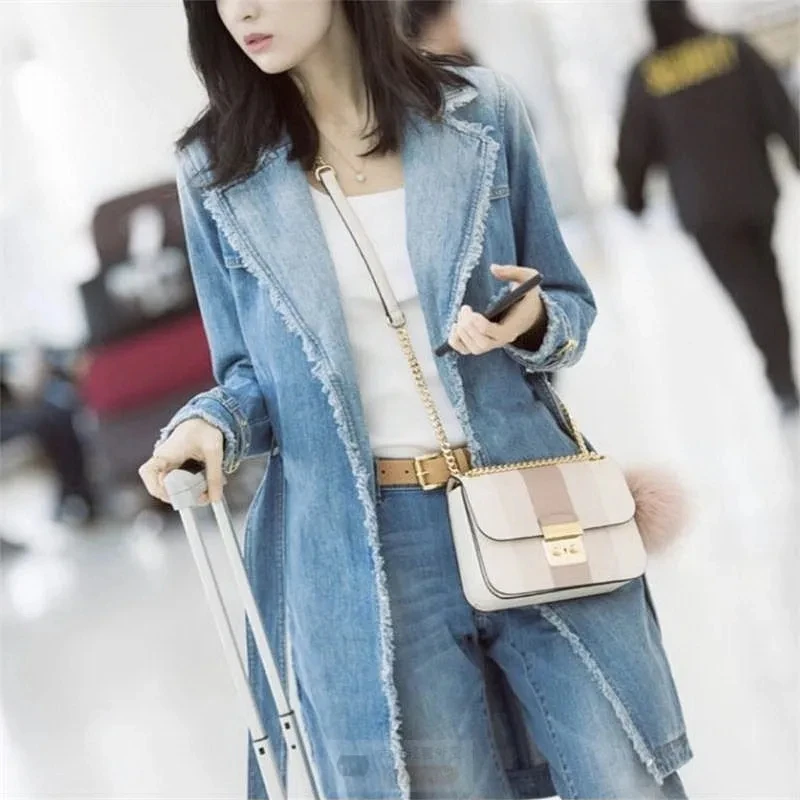 New Loose Denim Trench Coat Womens 2024 Spring Autumn Korean Versatile Casual Denim jacket Female Long Tassel Cardigan Jacket