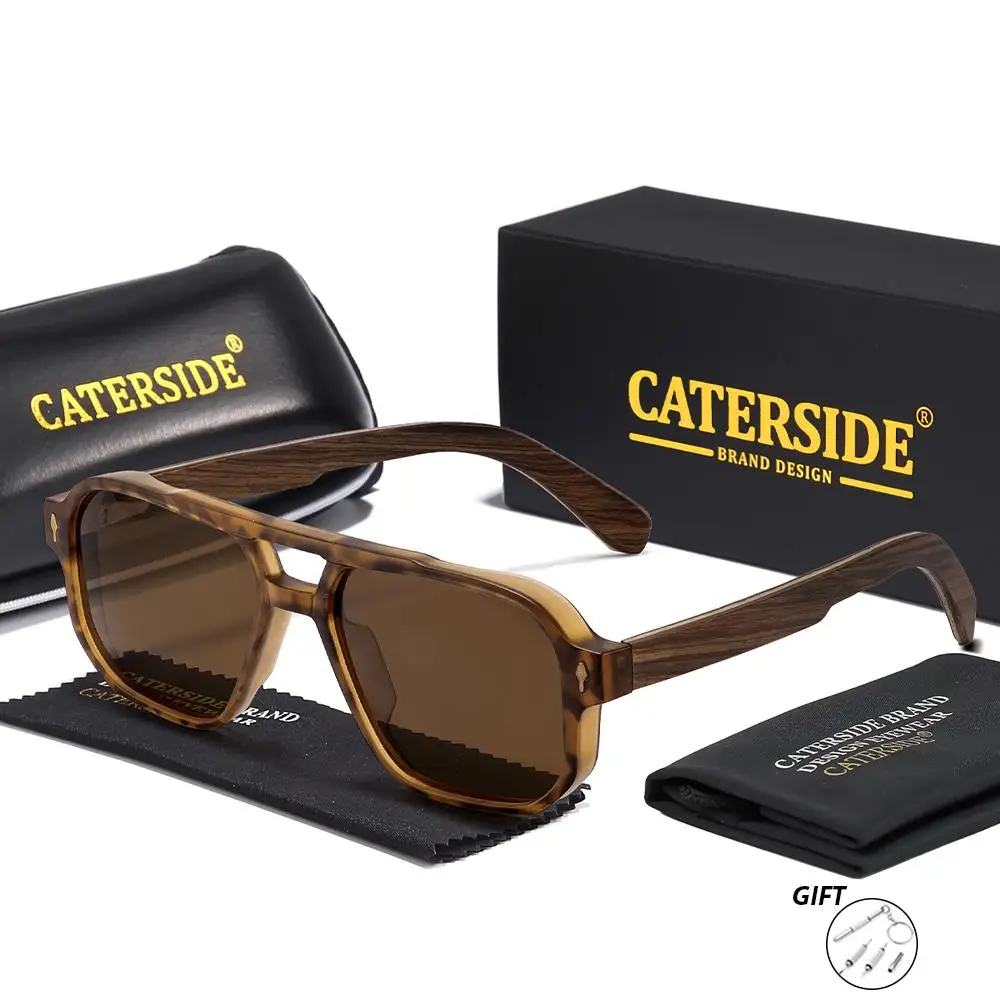 CATERSIDE Retro Quadratische Piloten-Sonnenbrille für Herren und Damen mit Holzmaserung-Bügeln, Korrektionsbrille, Luxuriöse Maßanfertigung – Detail 10